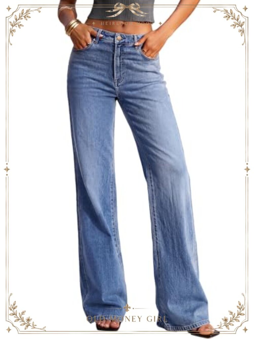 Wide Leg High Waisted Stretch Denim Jeans Five Pocket Zip Fly